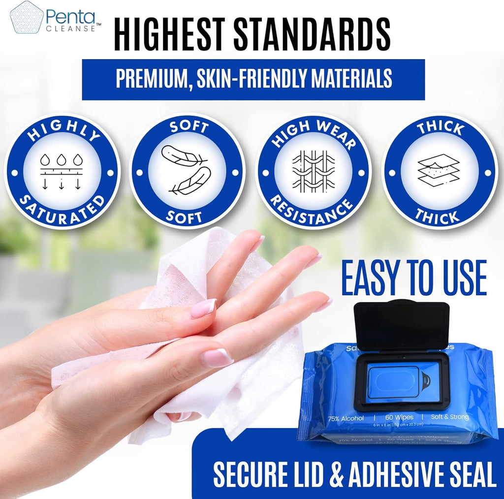 PentaCleanse Advanced Sanitizing 75% Alcohol Hand Wipes: 60 Wipes Per Pack | 4 Pack (240 Wipes Total)