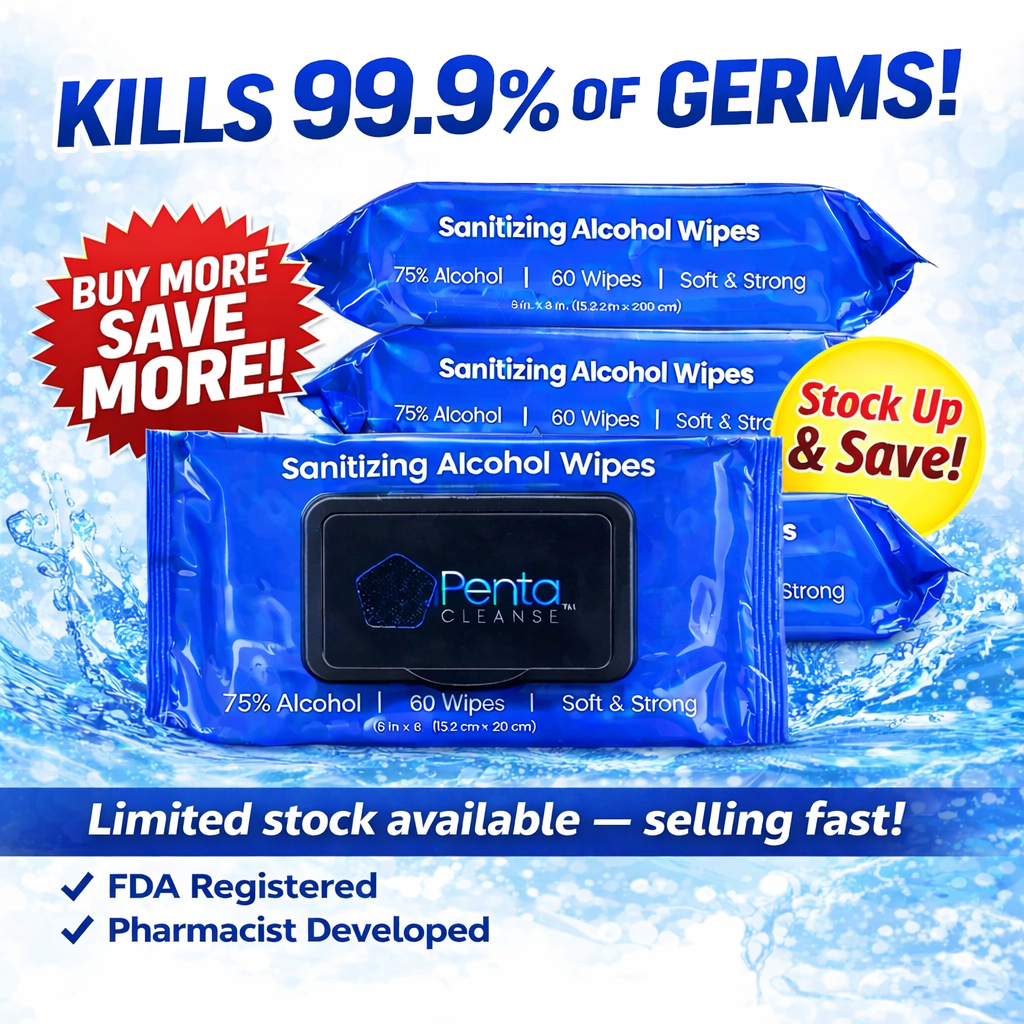 PentaCleanse Advanced Sanitizing 75% Alcohol Hand Wipes: 60 Wipes Per Pack | 4 Pack (240 Wipes Total)