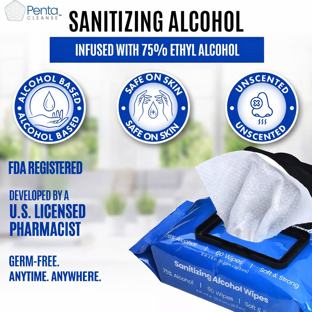 PentaCleanse Advanced Sanitizing 75% Alcohol Hand Wipes: 60 Wipes Per Pack | 4 Pack (240 Wipes Total)