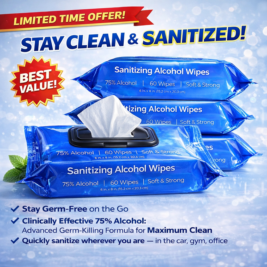 PentaCleanse Advanced Sanitizing 75% Alcohol Hand Wipes: 60 Wipes Per Pack | 4 Pack (240 Wipes Total)